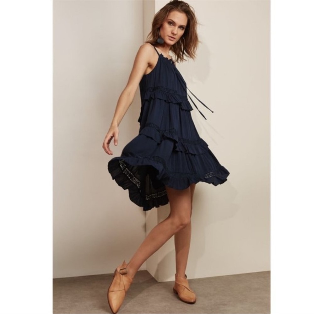 J.O.A Los Angeles Boho Sleeveless Tiered Ruffle Baby Doll Swing Dress Navy Blue